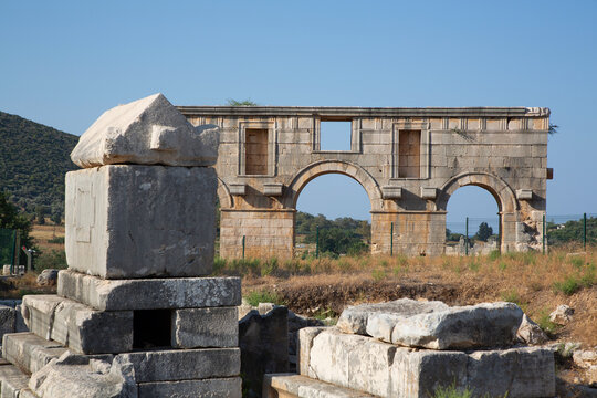 Lycian Sarcophagus, Arch of Modestus (background), Patara Ancient City (origins back to 5, 500 BC), Patara National Park, Antalya, Turkey