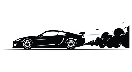 A sleek sports car drifts powerfully leaving a trail of smoke against a clean white background a striking silhouette © jivect02