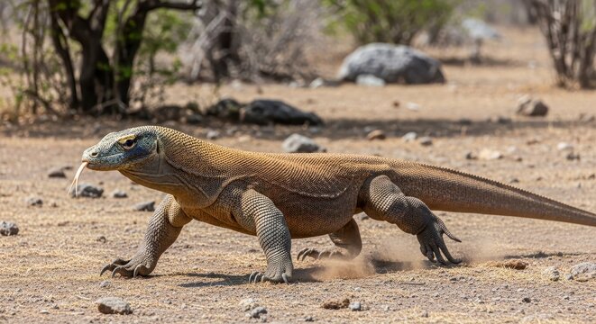 Komodo Dragon Walking in Dry Arid Landscape.