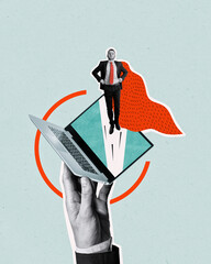 Creative illustration of a young man in a red superhero cape flying out of a laptop.