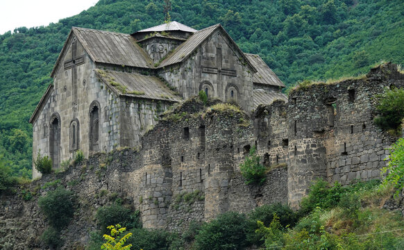 Akhtala Monastery Fortress, a fortified 10th-century Orthodox stone monastery with large, artistic wall frescoes, Debed canyon, northern Armenia