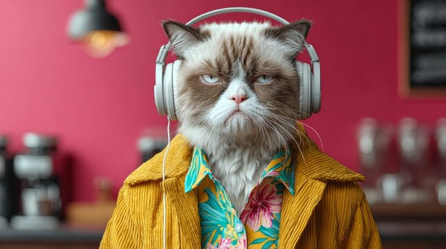 A cat wearing headphones and a yellow shirt is sitting in a room. The cat has a grumpy expression on its face