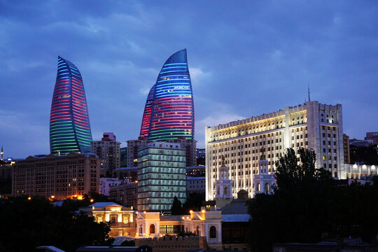 Architecture including the iconic Flame Towers in central Baku, Azerbaijan