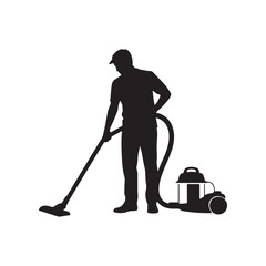 Man cleaning with vacuum cleaner and mop, silhouette illustration, home maintenance