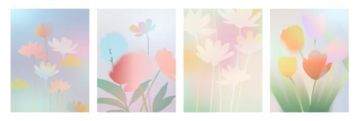 Selbstklebende Fototapeten Marienkäfer Collection of beautiful backgrounds with spring flowers daisies, tulips, wildflowers with soft, blurred outlines and gradients in pastel shades. The overall style is dreamy, soft, and artistic.   © Tanya Shulga