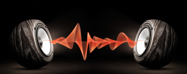 Banner with two sound speakers on black isolated background.
