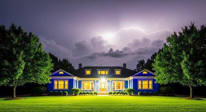 A large blue house with yellow lights on, standing in a green lawn under a stormy night sky with lightning