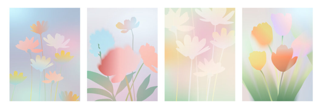 Collection of beautiful backgrounds with spring flowers daisies, tulips, wildflowers with soft, blurred outlines and gradients in pastel shades. The overall style is dreamy, soft, and artistic. 