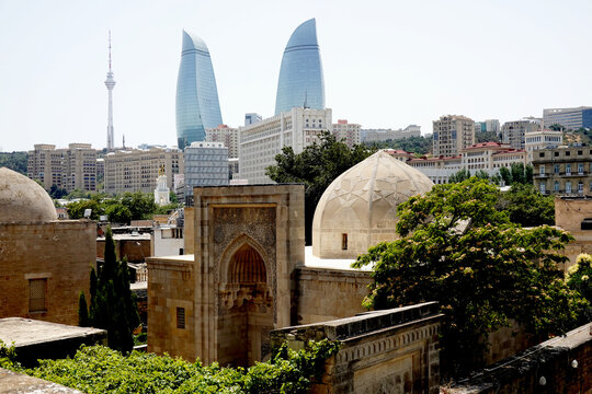 Architecture including the iconic Flame Towers in central Baku, Azerbaijan