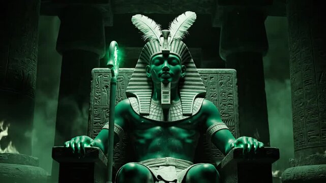 Ancient Egyptian god Osiris seated on ornate throne in shadowy underworld temple with glowing green crook and flail, mystical green mist and pillars, supernatural aura video footage