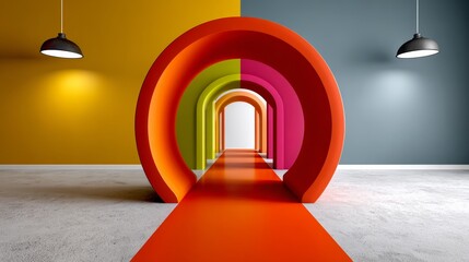 Fototapeta premium A colorful archway with a red carpet leading to a room. The archway is made of different colored blocks and the carpet is red. The room is bright and colorful, giving off a cheerful and welcoming vibe