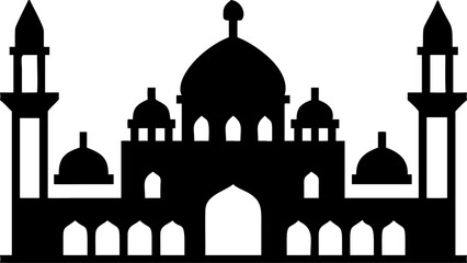 Silhouette of an iconic mosque with domes and minarets against a clear sky Vector © leptop