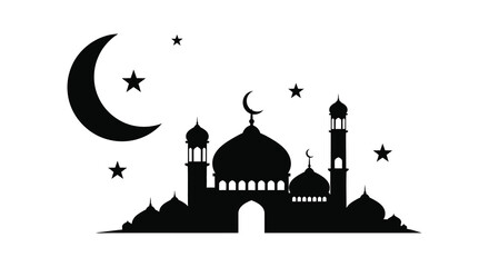 A striking depiction of an islamic mosque and crescent moon against a starry night sky a striking silhouette © jivect02
