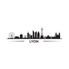 Naklejka premium A striking black silhouette of the lyon skyline with city name text
