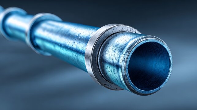 A long, blue pipe with a silver band around it. The pipe is bent and twisted, and the silver band is worn and rusted. Concept of age and wear