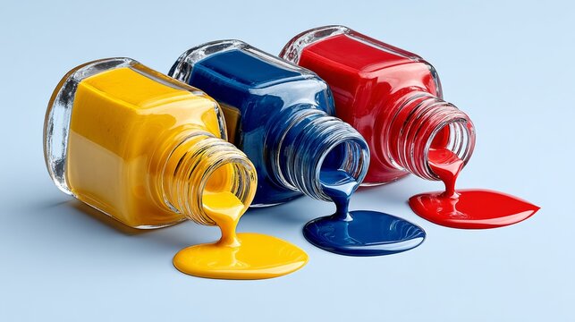 Three bottles of nail polish with a yellow, blue and red bottle. The bottles are open and the nail polish is dripping out