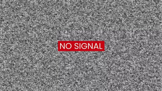 TV static noise background with no signal message and analog glitch effect. Ideal for broadcast interruption screen, livestream error display, VHS overlay effect 