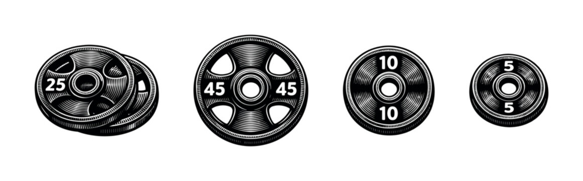 Weight plate vector icons set: flat gym equipment, fitness, workout essentials