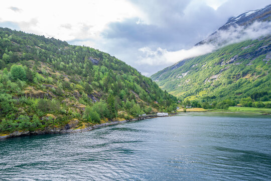 Aerial view of Sunnylvsfjorden from Hellesylt, Stranda Municipality, Norway, Scandinavia, Europe