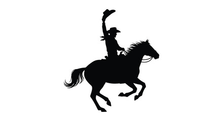 A striking black silhouette depicts a cowboy exuberantly riding a rearing horse arms raised in celebration silhouette © jivect02