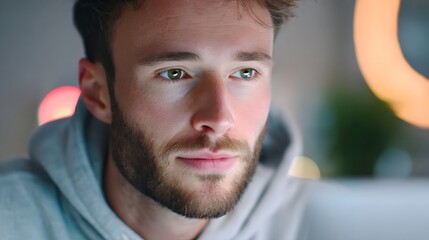 Obraz premium Close up portrait of a young man with a beard his gaze intently focused illuminated by soft blurred background lights conveying a mood of thoughtful concent n indoors