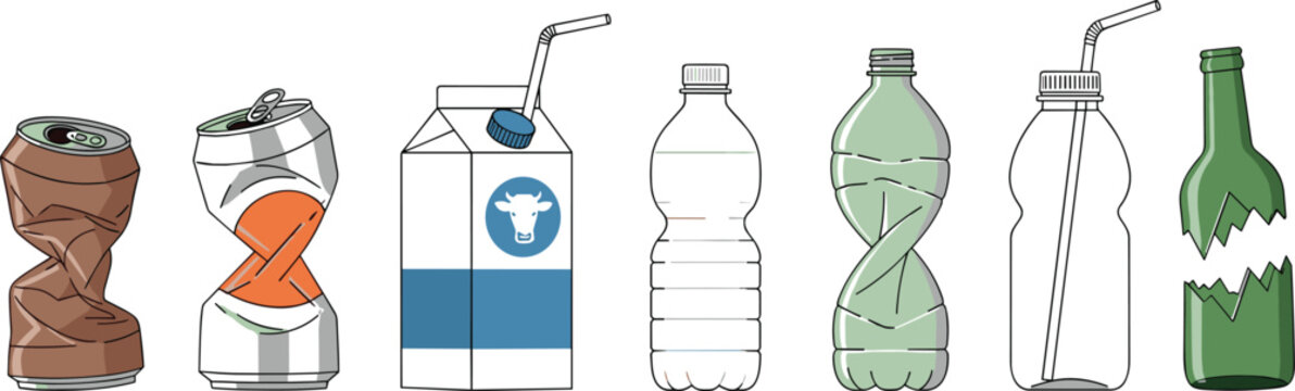Plastic Waste and Recycling Vector Illustration Set with Crushed Bottles, Cans, Carton and Reusable Drinking Containers Concept