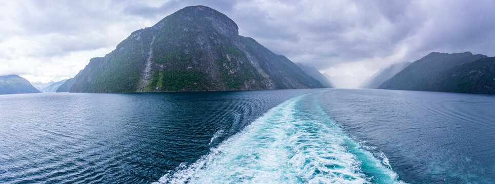 View of Sunnylvsfjorden from cruise ship on a cloudy day, Stranda Municipality, Norway, Scandinavia, Europe