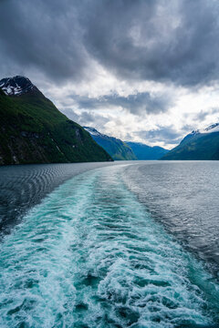 View of Sunnylvsfjorden from cruise ship on a cloudy day, Stranda Municipality, Norway, Scandinavia, Europe