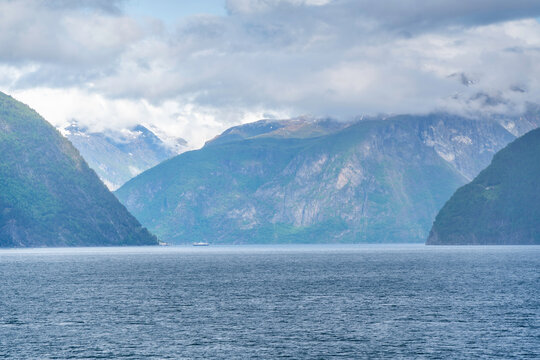 View of Sunnylvsfjorden from cruise ship on a cloudy day, Stranda Municipality, Norway, Scandinavia, Europe