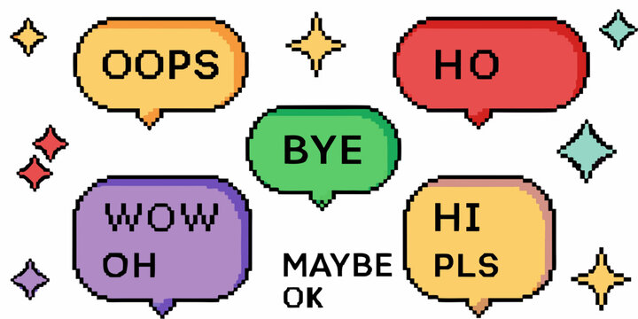 Colorful speech bubbles display various interjections and simple greetings