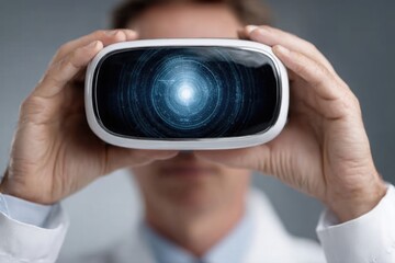 Fototapeta premium A man wearing virtual reality headset, experiencing immersive technology with swirling blue patterns, futuristic interface showcasing innovative digital realm, hands holding the device.