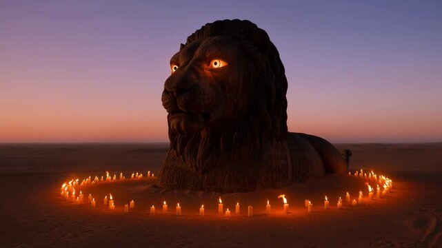 Ancient Sekhmet statue in desert temple surrounded by flickering votive candles with glowing amber eyes at twilight, mystical sacred ritual atmosphere video footage