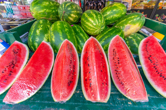 View of melon stall in Zell am See on a sunny day, Zell am See, Salzburg, Austria, Europe