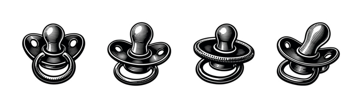 Baby pacifiers icons set. Baby nipple silhouettes