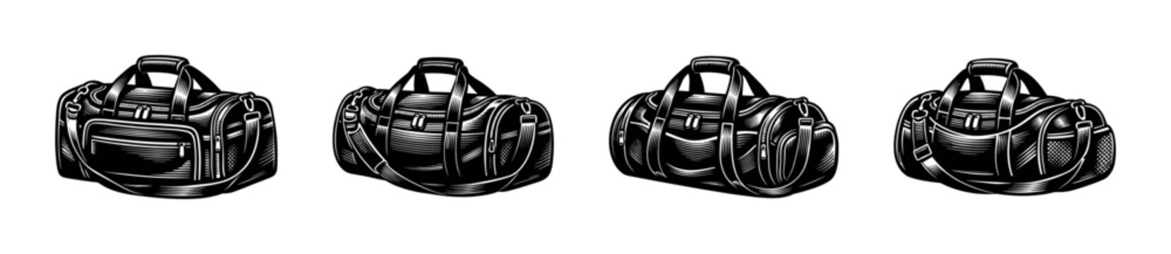 Duffle bag flat vector icons set. gym and travel duffel bags. black and white design collection