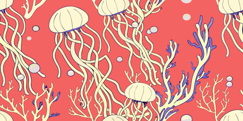 A repeating pattern of jellyfish coral and bubbles on a red background © Juel