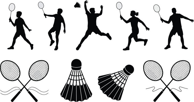 Badminton Players Silhouettes with Rackets and Shuttlecocks on White Background