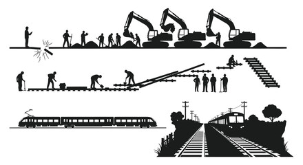 Construction and transportation scenes are depicted in a minimalist black and white illustration a striking silhouette high quality © jivect02