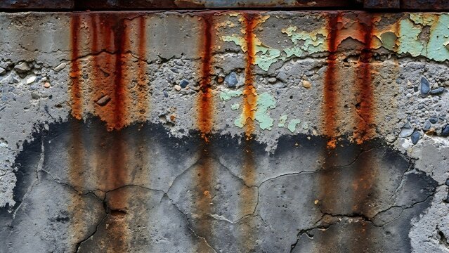 Rusty metal bars corroded and dripping with rust texture over old iron on a cracked concrete wall surface