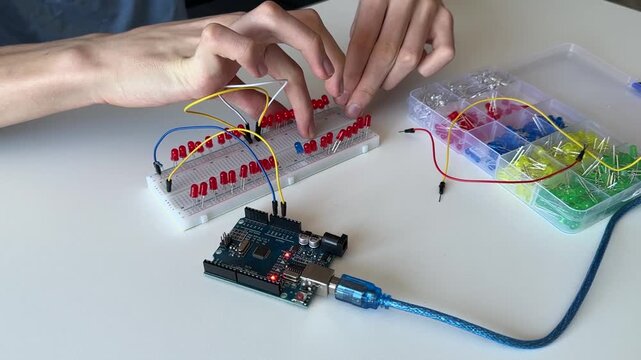 Hands connecting multiple red LED diodes on a breadboard wired to a microcontroller board, building a programmable light circuit on a white desk.