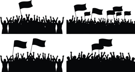 Obraz premium Crowd Silhouettes Waving Flags on White Background