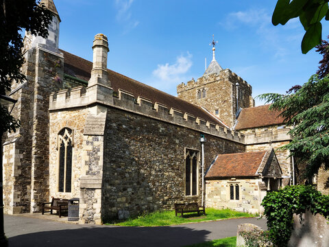 St Marys Church stands tall in Rye, showcasing its historic stone structure and clock tower on a sunny day in East Sussex, United Kingdom