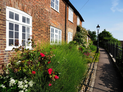 Exploring Traders Passage in Rye East Sussex with flowers and historic buildings along the pathway