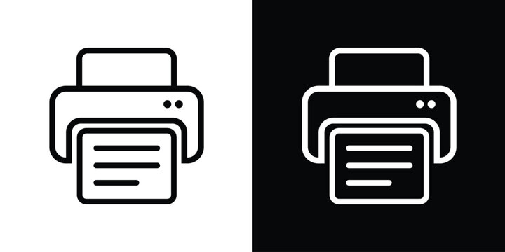 Office printer vector icon set. Outlined black and white hardware symbols with paper. High-quality graphic for print services, document management, and business equipment interface design.