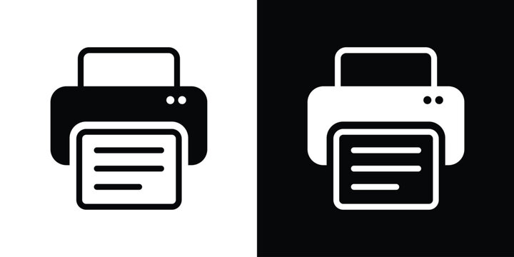 Office printer vector icon set. Outlined black and white hardware symbols with paper. High-quality graphic for print services, document management, and business equipment interface design.