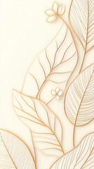 Leaf botanical line art pattern tropical floral outline background minimal, delicate golden leaf and small flower on soft cream backdrop, organic foliage in gentle curve for serene decorative use