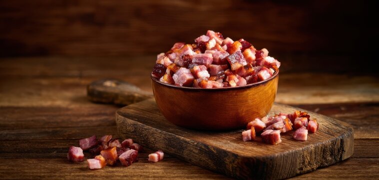 The Bowl of Diced Smoked Bacon on a Rustic Wooden Cutting Board