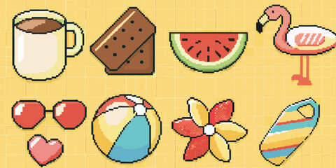 A pixel art illustration featuring summer treats a flamingo and beach accessories on a yellow background © Juel