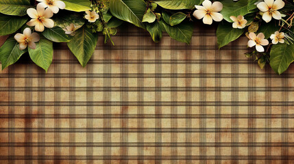 Tropical leaf plumeria frangipani flower green plaid fabric background border copy space with white blossom and lush foliage over rustic checkered textile, natural vibe, calm mood, summer greeting