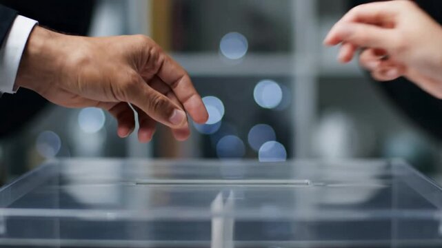 Hand dropping ballot into clear voting box during election process